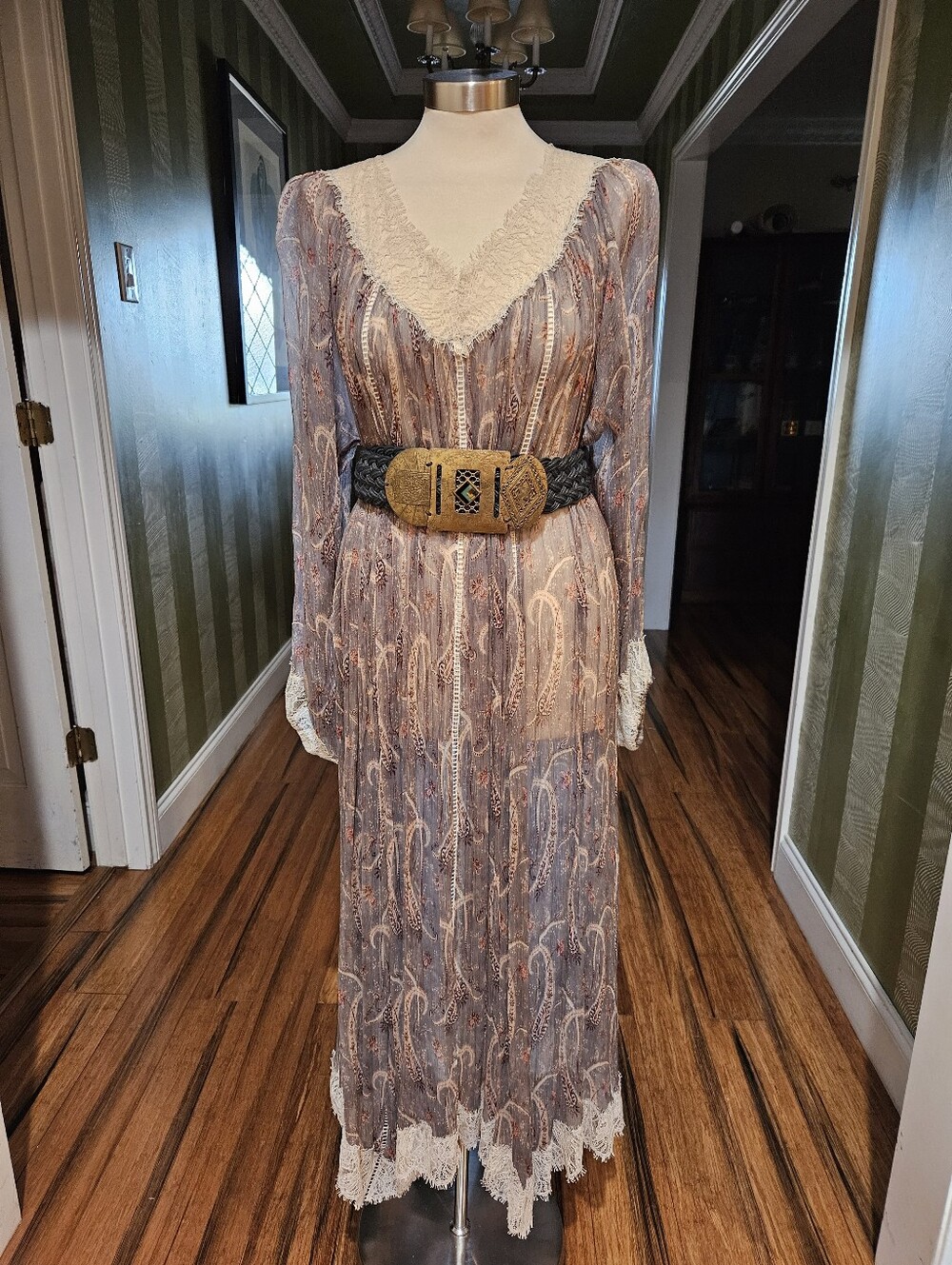 Zimmerman Boho Paisley Lace Trim silk Maxi Dress - Taupe & Cream Size 8